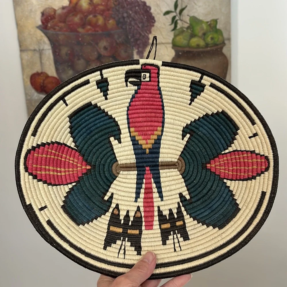 Woven Seagrass Oval Shape Wall Basket With Parrot And Butterflies Design